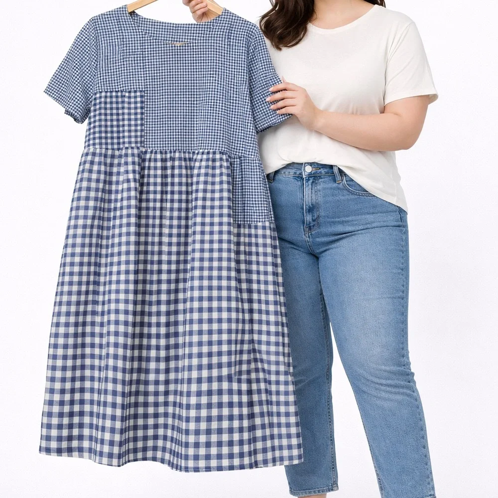Plus Size Patchwork Gingham Tiered Midi Dress | Short Sleeve | NWOT | Unbranded - Picture 2 of 5